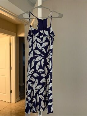 LOFT Navy Dress with White Leaf Print and Ruffle Neckline